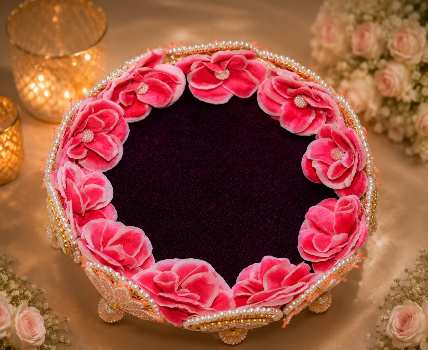 Handmade pink floral Laddu Gopal sinhasan with pearl and kundan decoration for Krishna idol