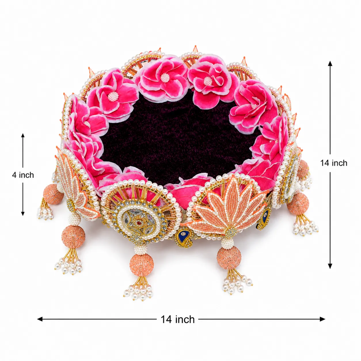 Handmade pink floral Laddu Gopal sinhasan with pearl and kundan decoration for Krishna idol