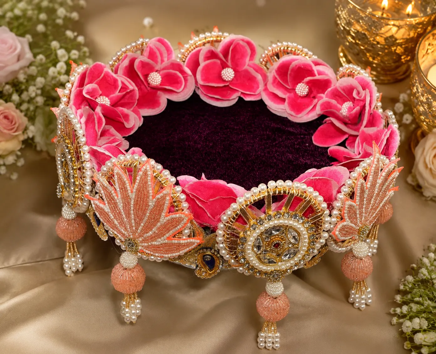 Handmade pink floral Laddu Gopal sinhasan with pearl and kundan decoration for Krishna idol